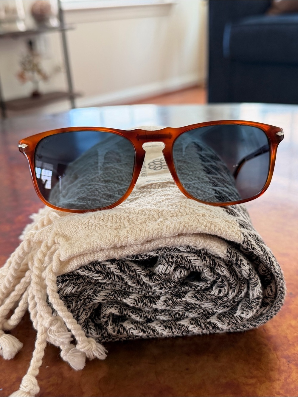 Persol POLARIZED sunglasses. Terra Di Sienna frames and gradient blue lenses.